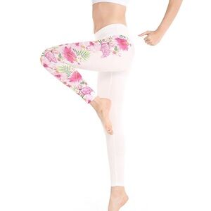 New Hawaii Hangover Pink‎ Hibiscus Vine White Leggings XS S